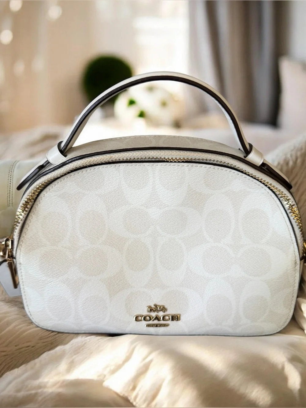 Coach White Signature Dome Satchel with Gold Logo